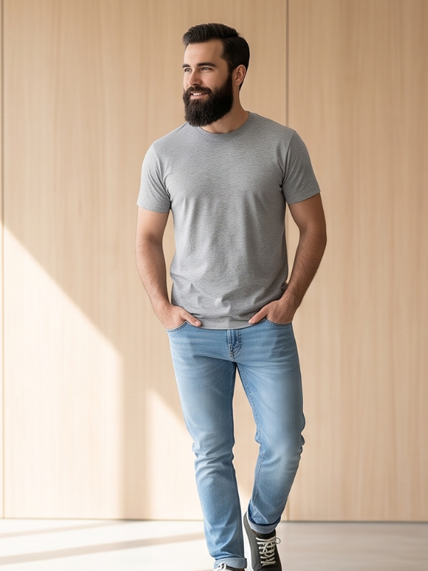 Grey Melange Crew Neck Cotton T-Shirt